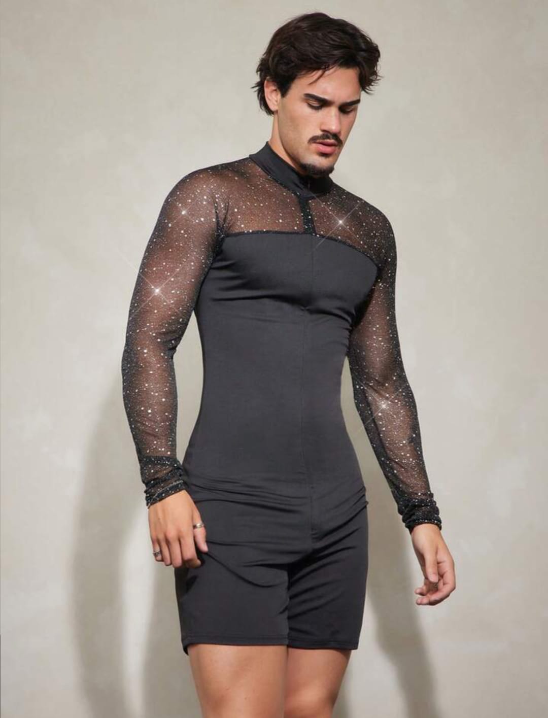 Men's Glitter Mesh Panel Bodycon Romper Jumpsuit for Party & Stage Wear